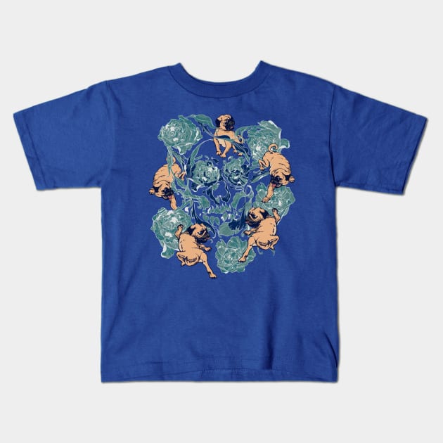 Climbing Pug & Floral Kids T-Shirt by huebucket